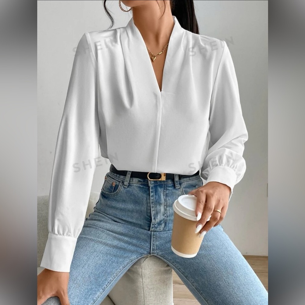 SHEIN Privé Fold Pleated Lantern Sleeve Work Shirts White Blouse